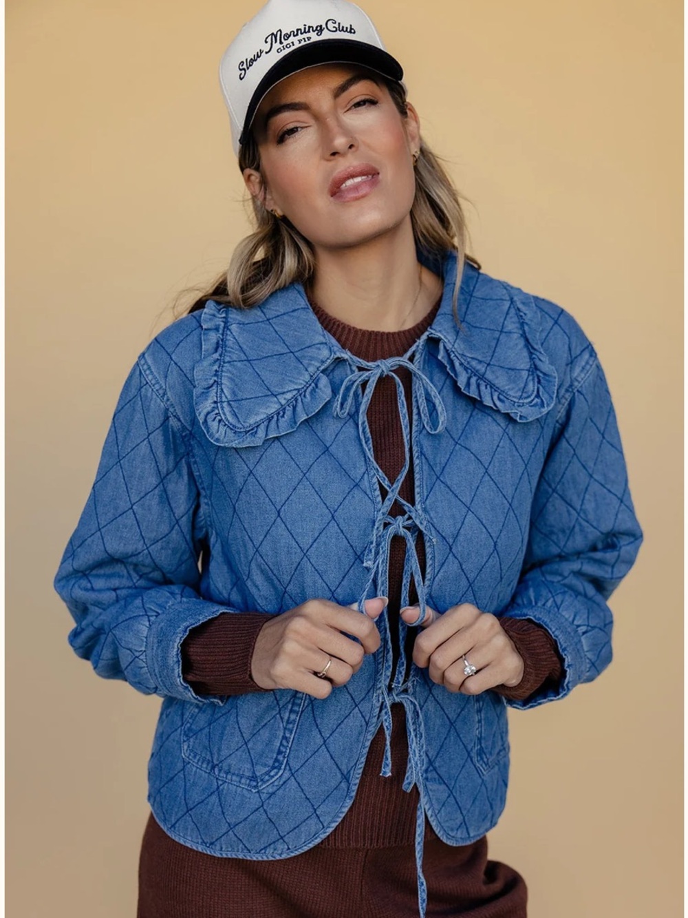 Roolee Lydia Blue womens quilted denim Jacket with 3 Tie Front